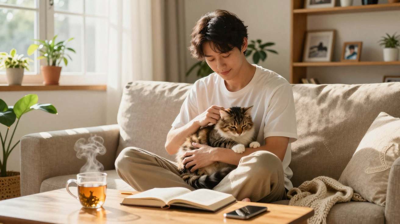 Jovem sentado no sofá acariciando um gato, com livro aberto e chá quente sobre a mesa de centro.