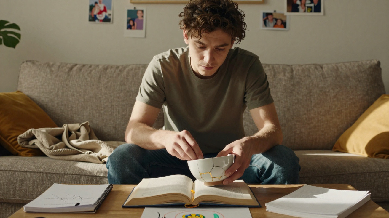 Homem sentado no sofá estudando com livro aberto e comendo em tigela branca com detalhes dourados.