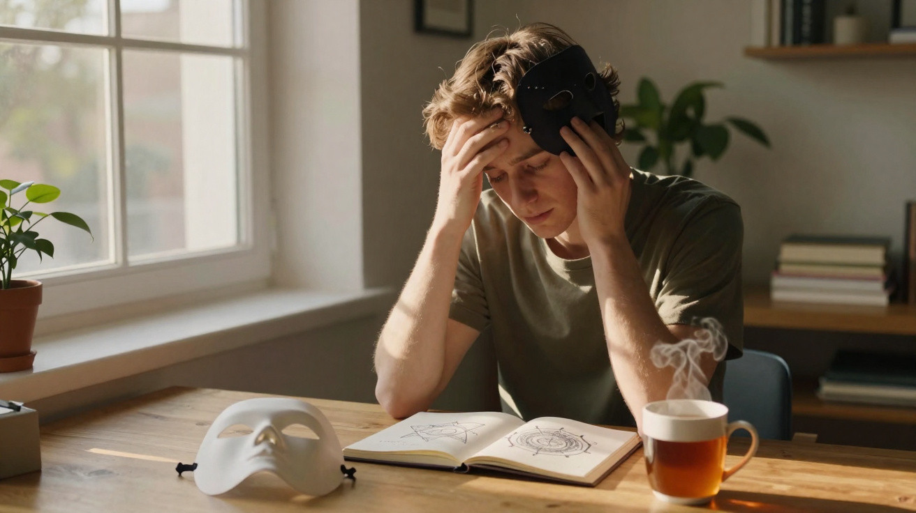 Jovem sentado à mesa com expressão pensativa, segurando máscara preta e lendo caderno com desenhos místicos.