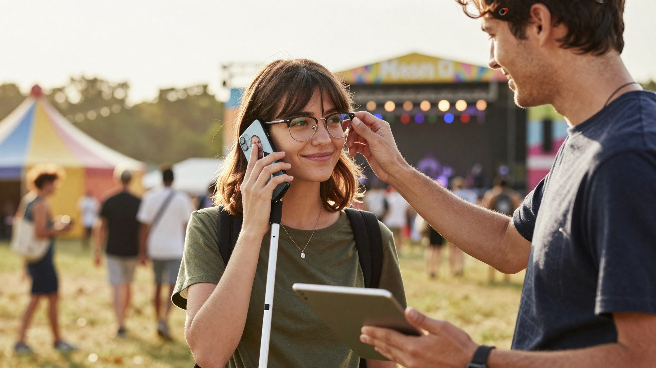 Jovem com deficiência visual usando bengala, falando ao celular em festival ao ar livre, enquanto amigo ajeita seus óculos.