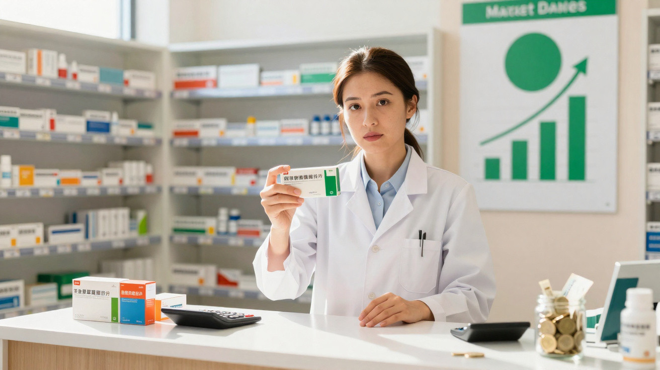 Farmacêutica asiática segurando caixa de remédio em balcão de farmácia, com gráficos de crescimento ao fundo.