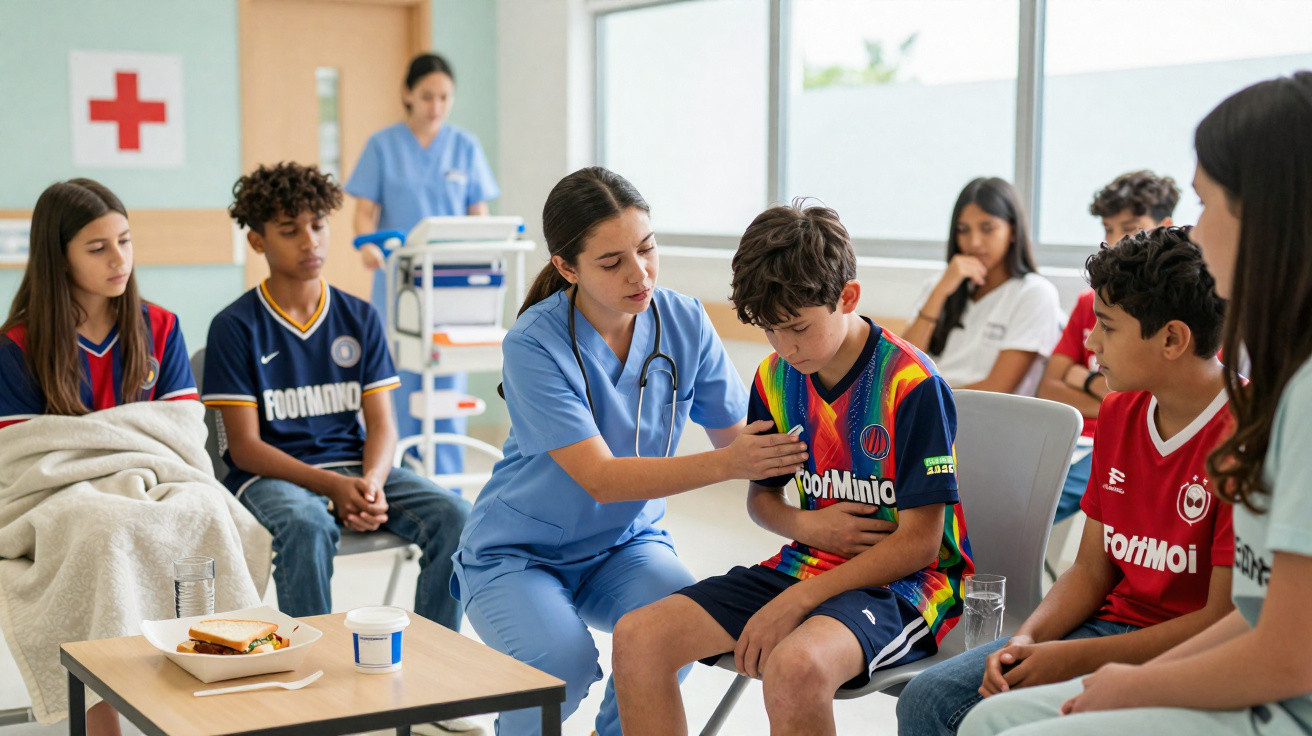 Enfermeira examinando garoto com dor no estômago em sala de espera com outras crianças atrás.