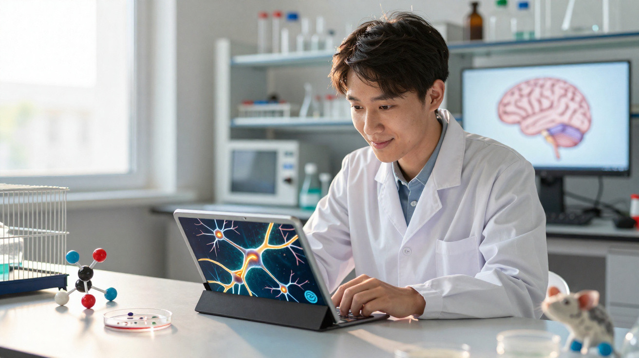 Cientista em laboratório usando tablet com imagem de neurônios, tela com cérebro ao fundo e modelos científicos na mesa.