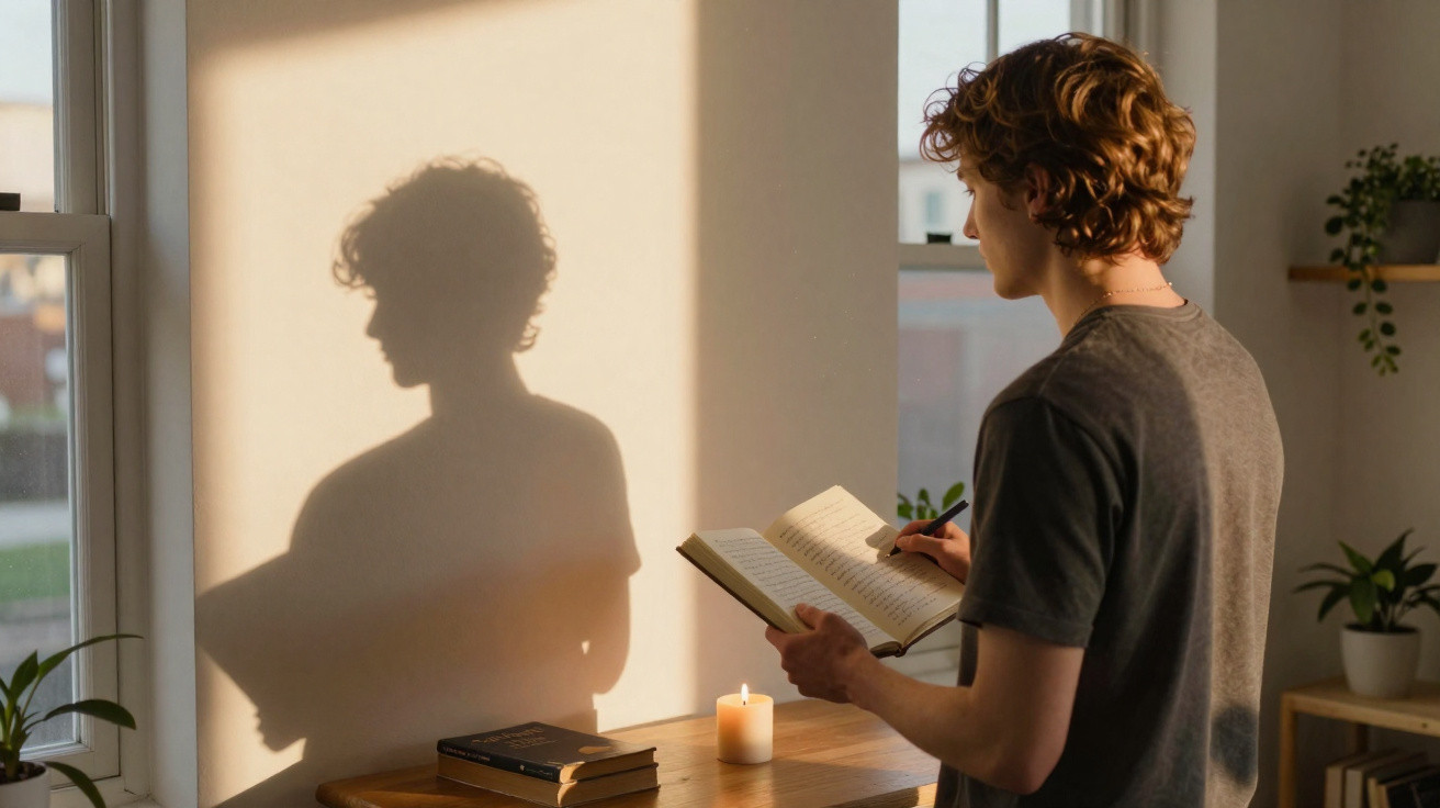 Jovem lendo e anotando em livro com sombra projetada na parede ao entardecer em ambiente aconchegante.
