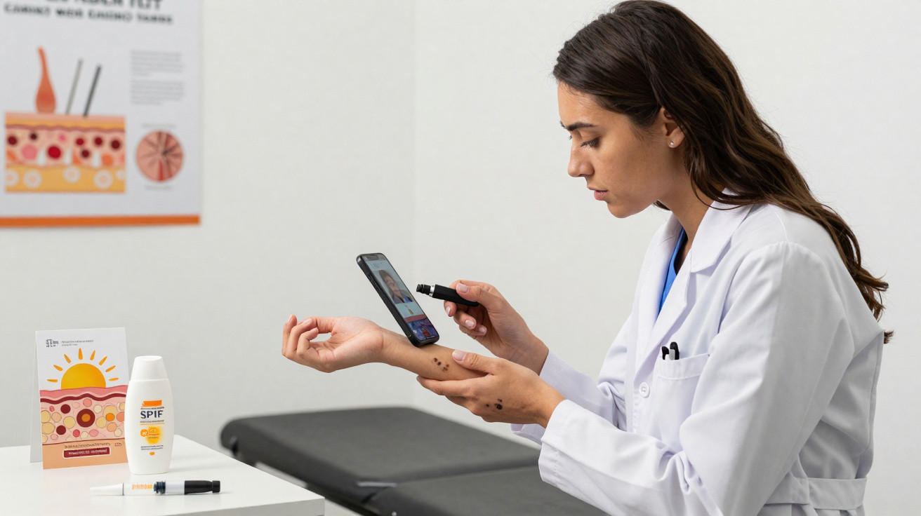 Mulher médica examina manchas na pele do braço usando smartphone e dermatoscópio em consultório dermatológico.