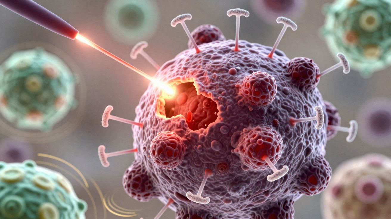 Ilustração de uma partícula viral sendo destruída por um feixe de luz em ambiente microscópico.