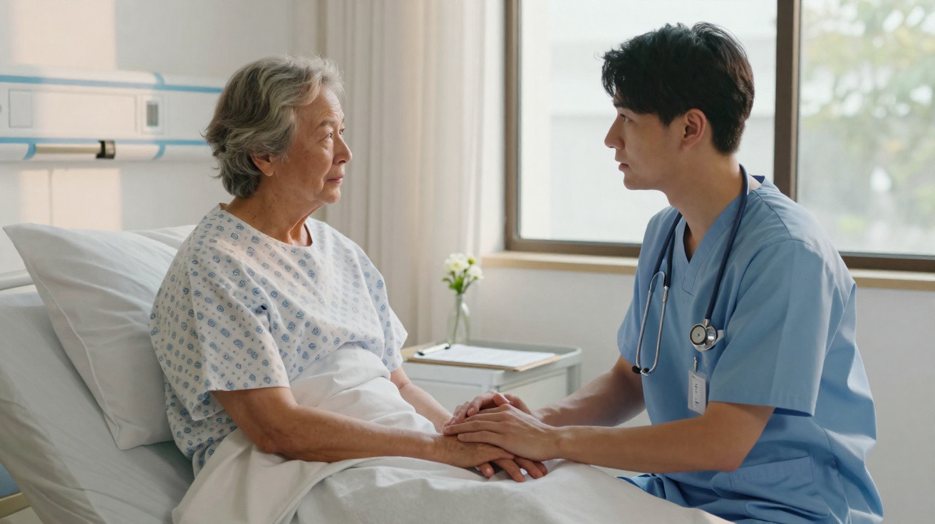 Enfermeiro de jaleco azul segurando as mãos de idosa em cama hospitalar, conversando com apoio.