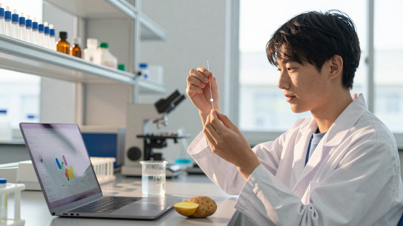 Cientista em laboratório analisando amostra com microscope e laptop à frente.