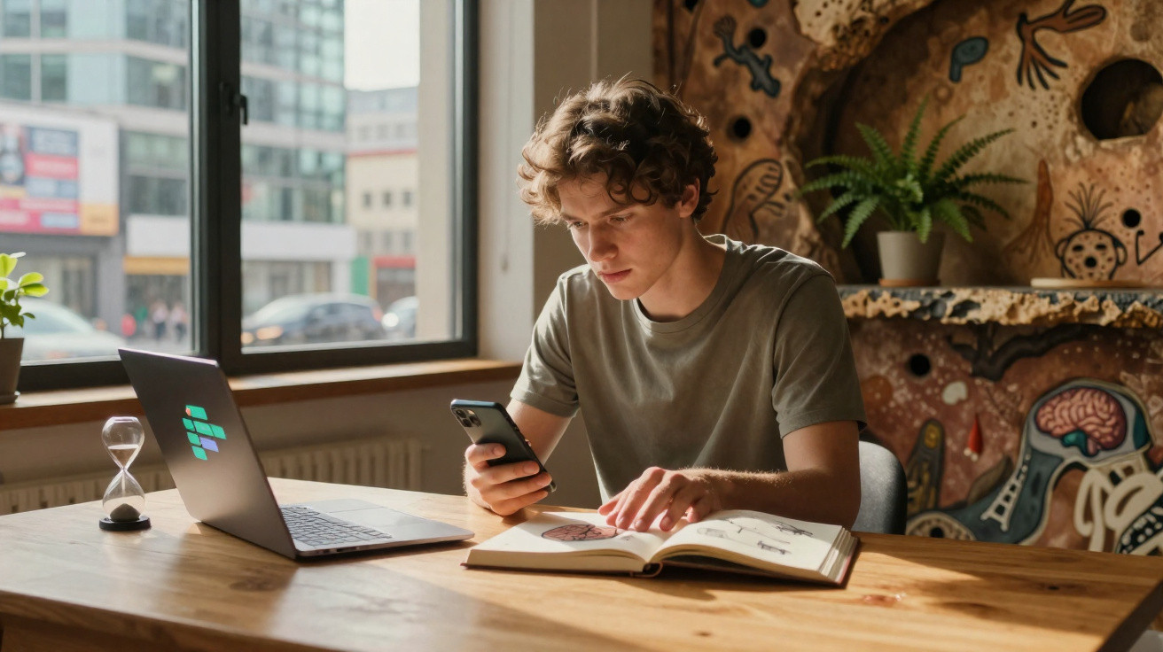 Jovem estudando com livro aberto, celular na mão e laptop em mesa de madeira perto da janela.