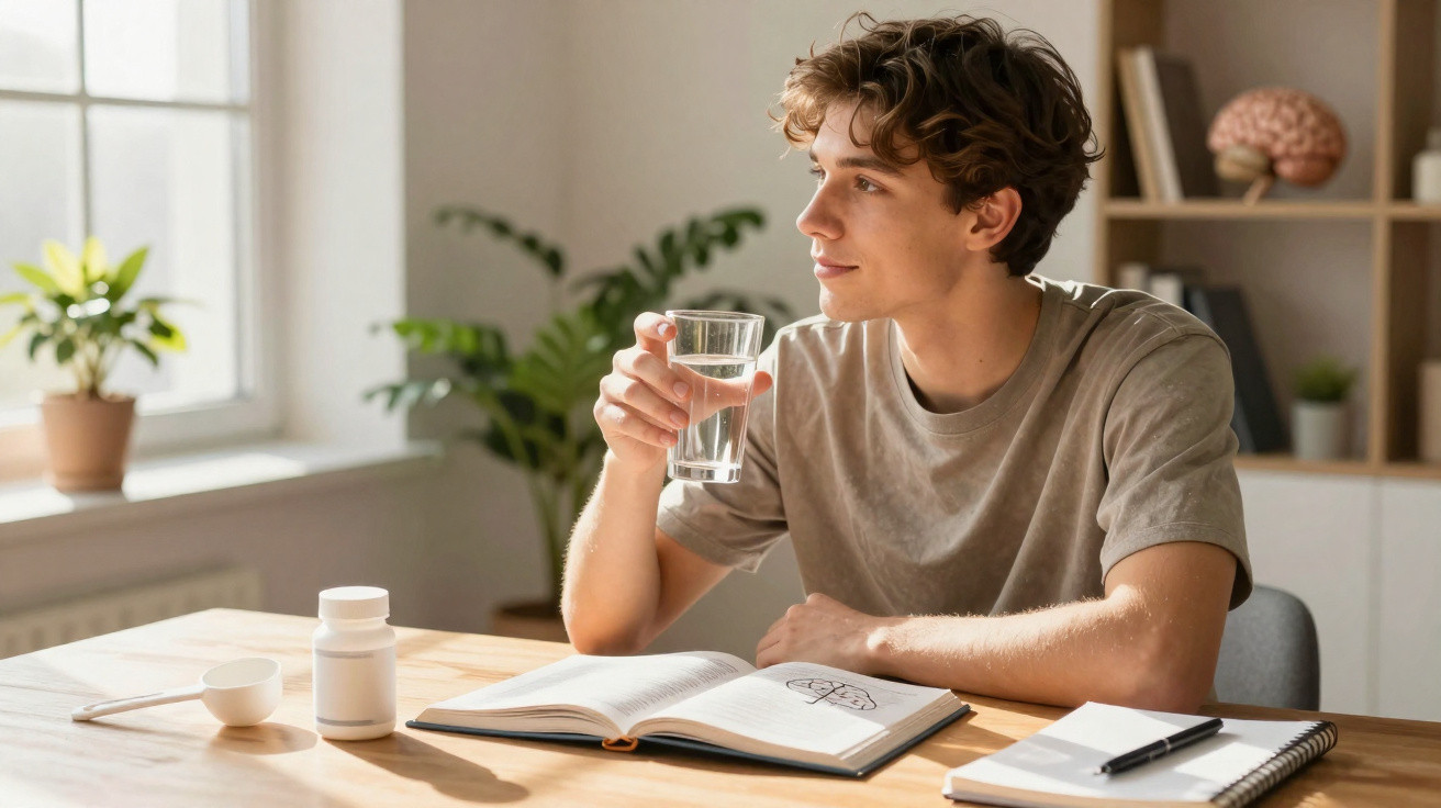Jovem sentado à mesa com livro aberto, tomando um copo de água em ambiente iluminado e plantas ao fundo.