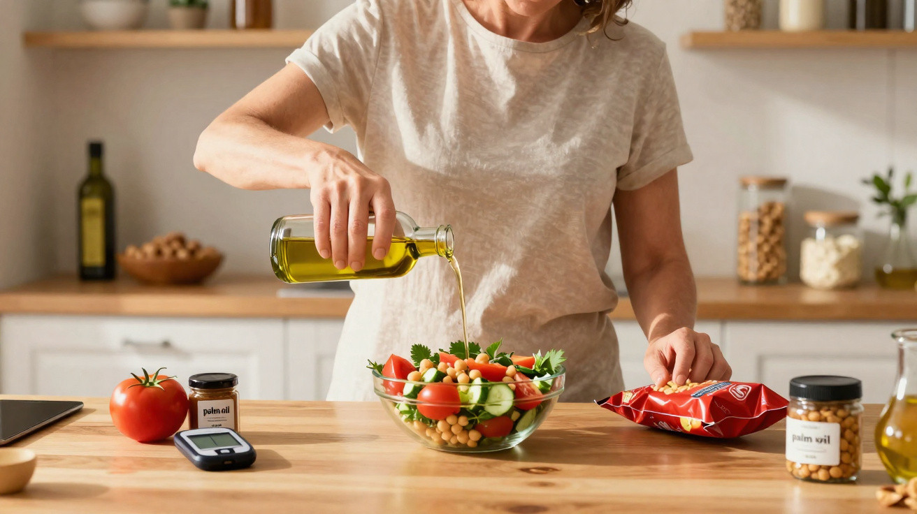 Pessoa derramando azeite em salada de grão-de-bico, tomate e pepino em cozinha iluminada.