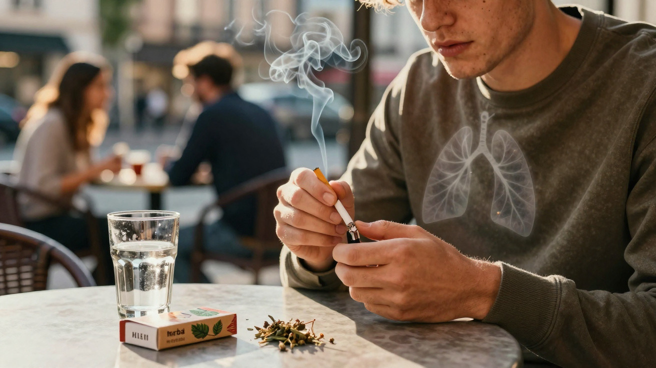 Jovem acendendo cigarro com fumaça e ilustração de pulmões na camiseta sentado em mesa com vidro d'água.