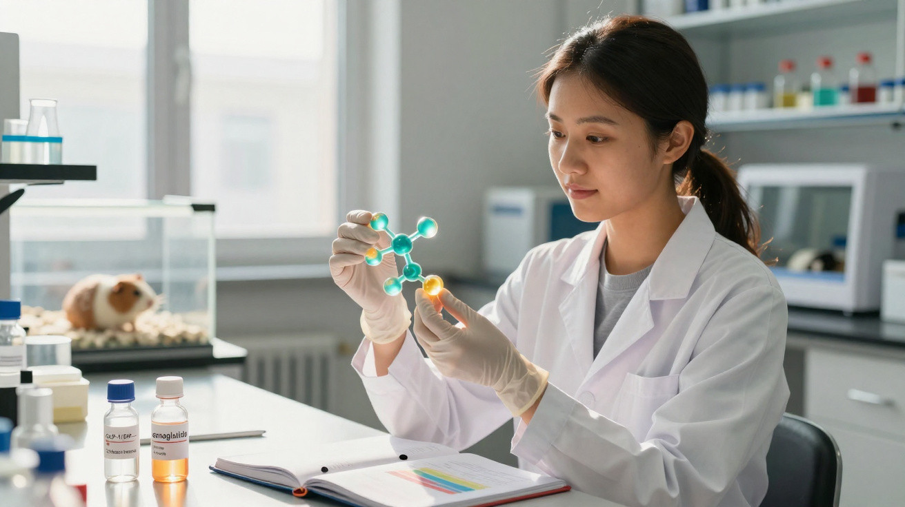 Mulher cientista em laboratório segurando modelo molecular enquanto estuda com anotações abertas na mesa.