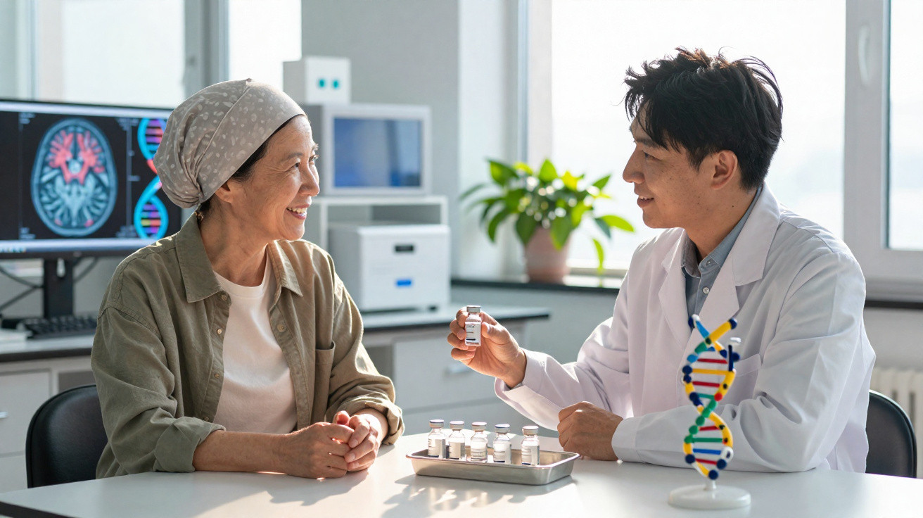 Médico explicando medicamento para paciente com lenço na cabeça em consultório, com modelo de DNA na mesa.