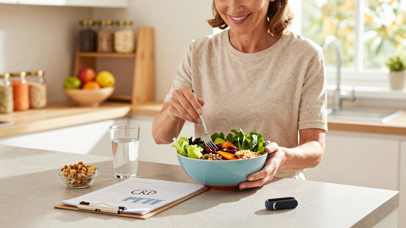 Mulher sorrindo segurando tigela com salada saudável em cozinha clara, ao lado de copo d'água e relatórios.