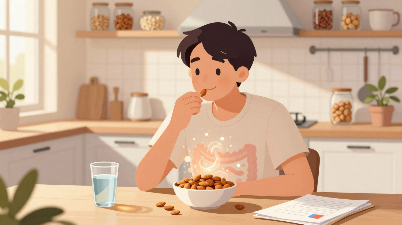Ilustração de jovem comendo amêndoas em cozinha iluminada, com copo d'água e documentos na mesa.