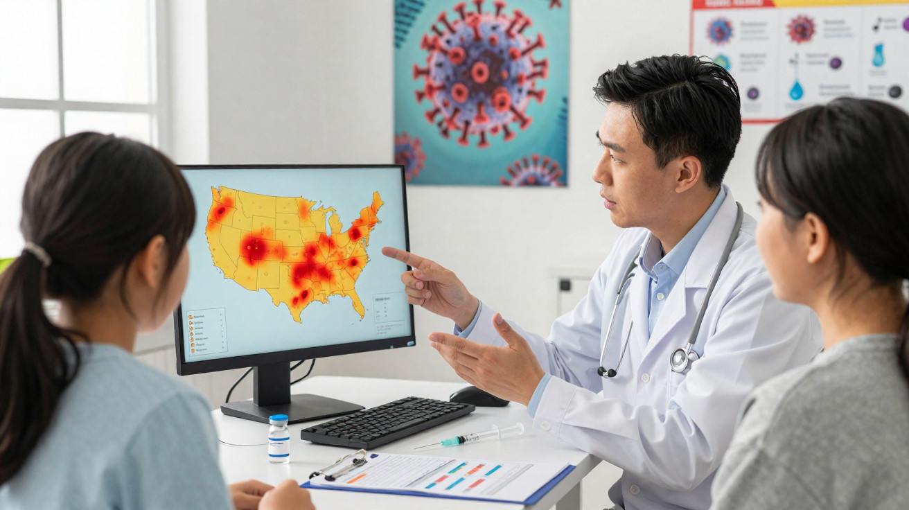 Médico explica mapa de calor de casos de vírus nos EUA para duas mulheres em consultório.