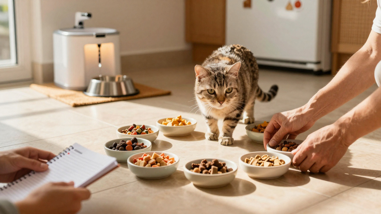 Gato observando várias tigelas de petiscos enquanto mãos organizam e outra pessoa faz anotações no chão da cozinha.