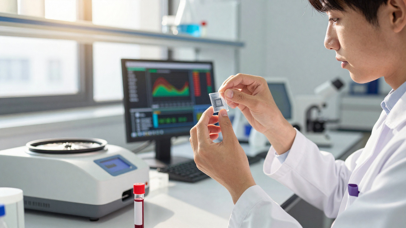 Pesquisador em laboratório segurando microchip com computador e equipamento científico ao fundo.