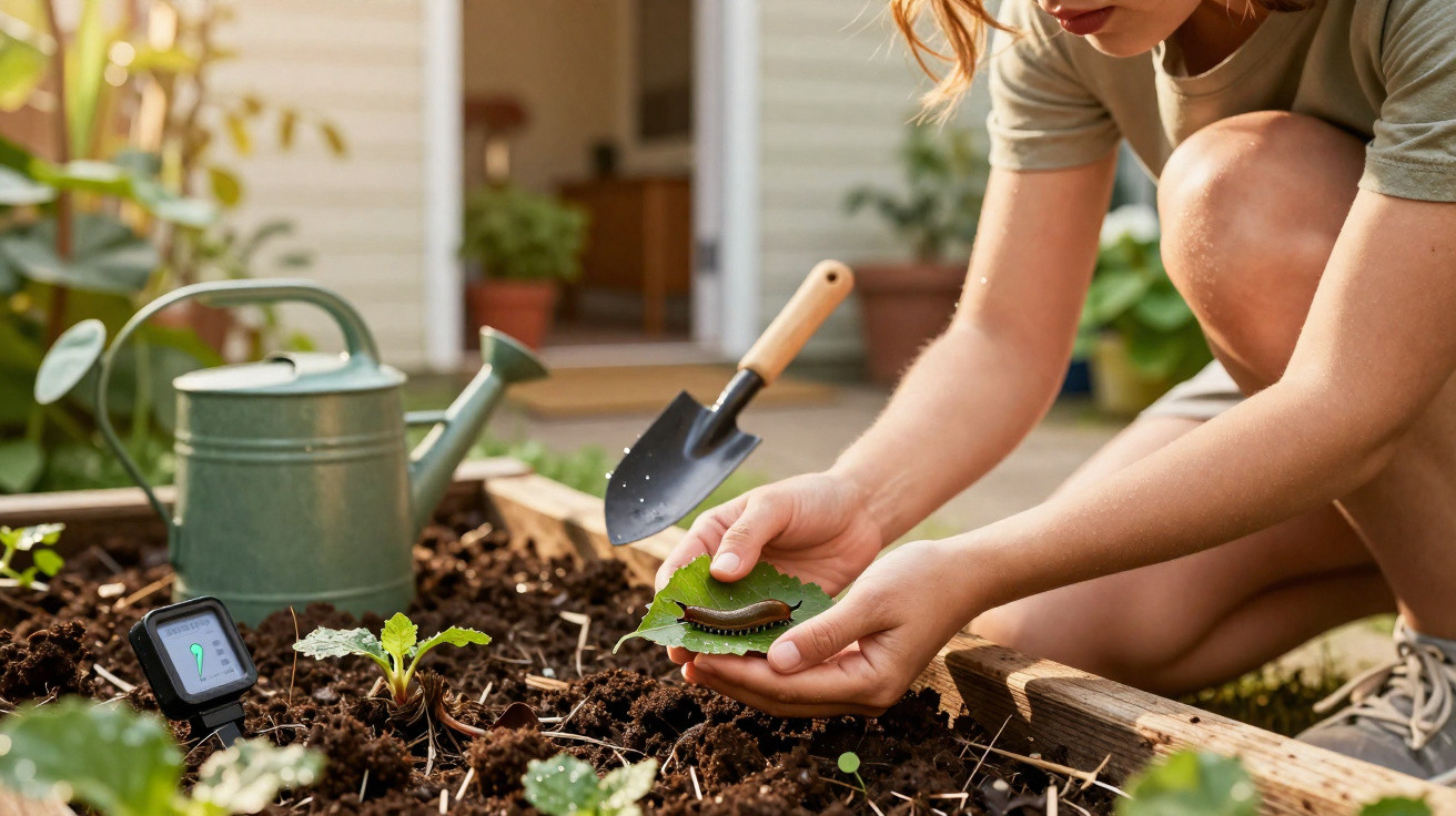 Pessoa segurando folha com lagarta em jardim com regador, pá e planta jovem em cama de cultivo.