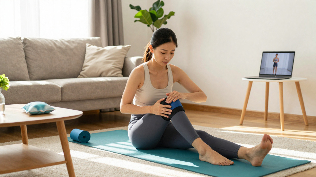 Mulher sentada no tapete de yoga em sala de estar, segurando o joelho com expressão de dor.