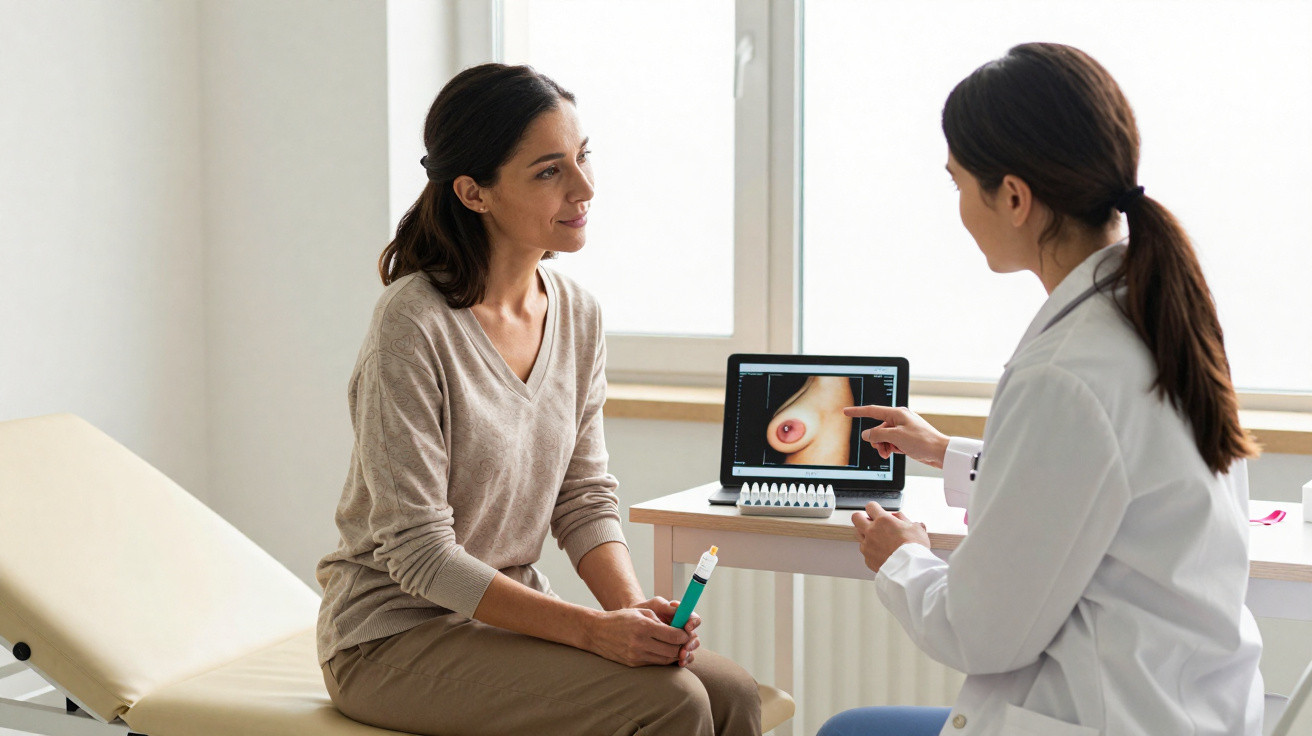 Médica explicando exame de mama para paciente sentada em consultório iluminado por janela.