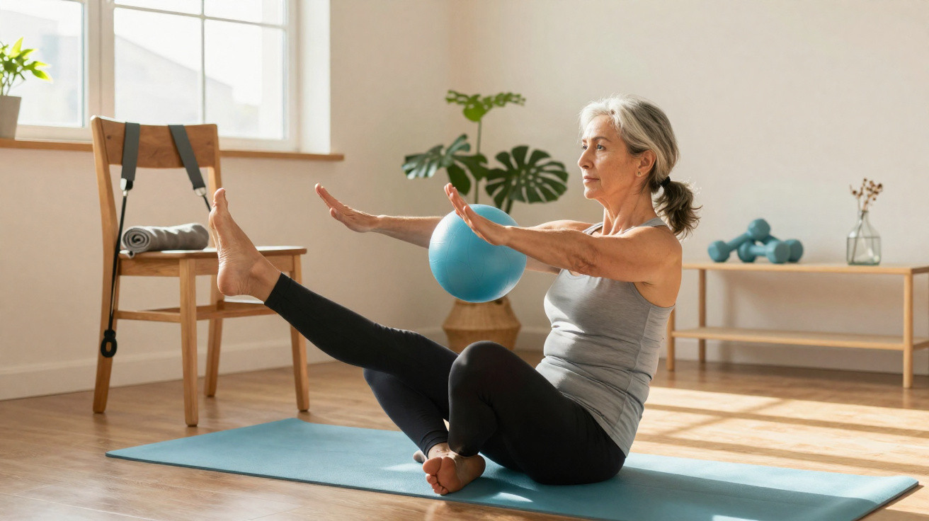 Mulher madura fazendo exercício com bola azul em tapete de yoga em ambiente claro e acolhedor.