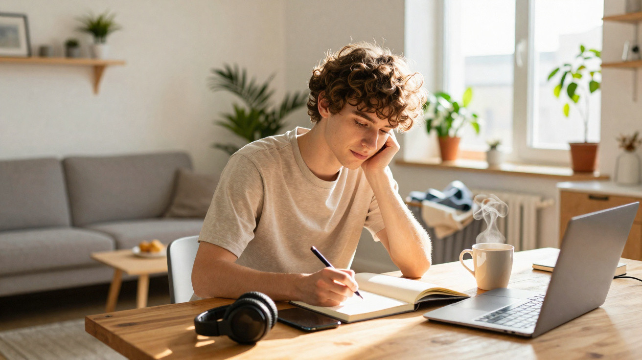 Jovem sentado à mesa, escrevendo em caderno com laptop aberto e xícara de café fumegante ao lado.