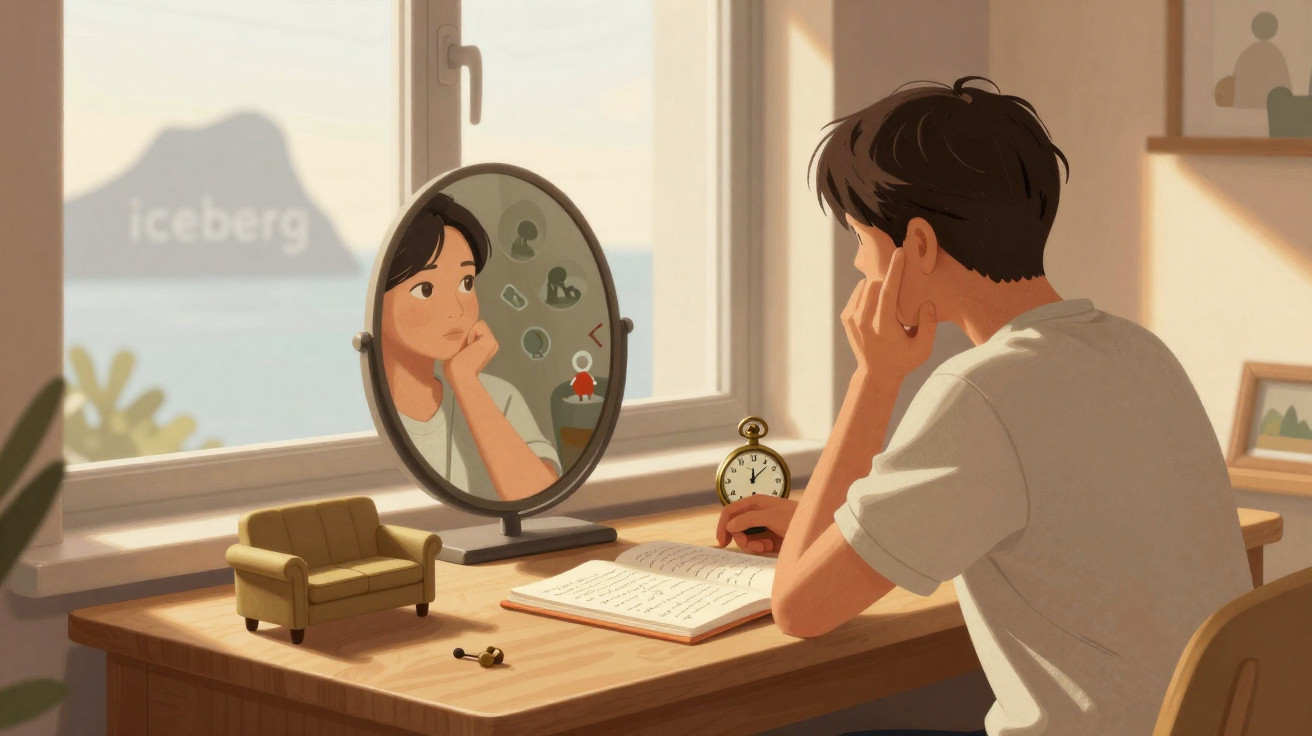 Ilustração de jovem sentado em mesa, olhando pensativo no espelho, com livro aberto e relógio ao lado.