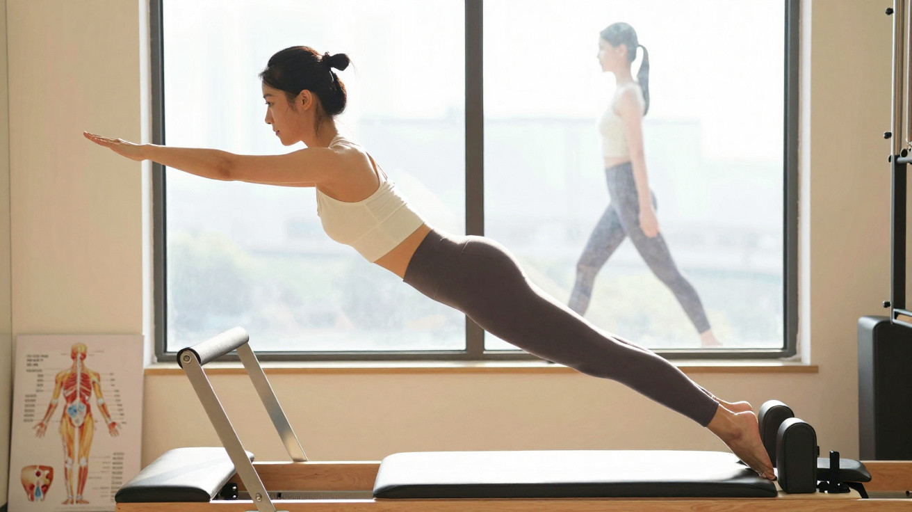 Mulher fazendo exercício de pilates esticado, com braços estendidos e pés apoiados em equipamento próximo à janela.