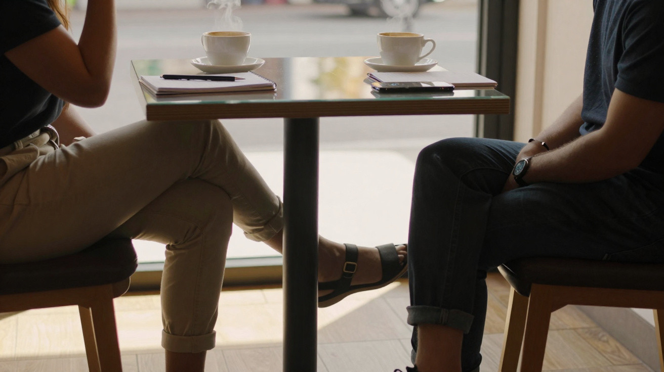 Duas pessoas sentadas frente a frente em mesa de café com xícaras de café, cadernos e celulares.