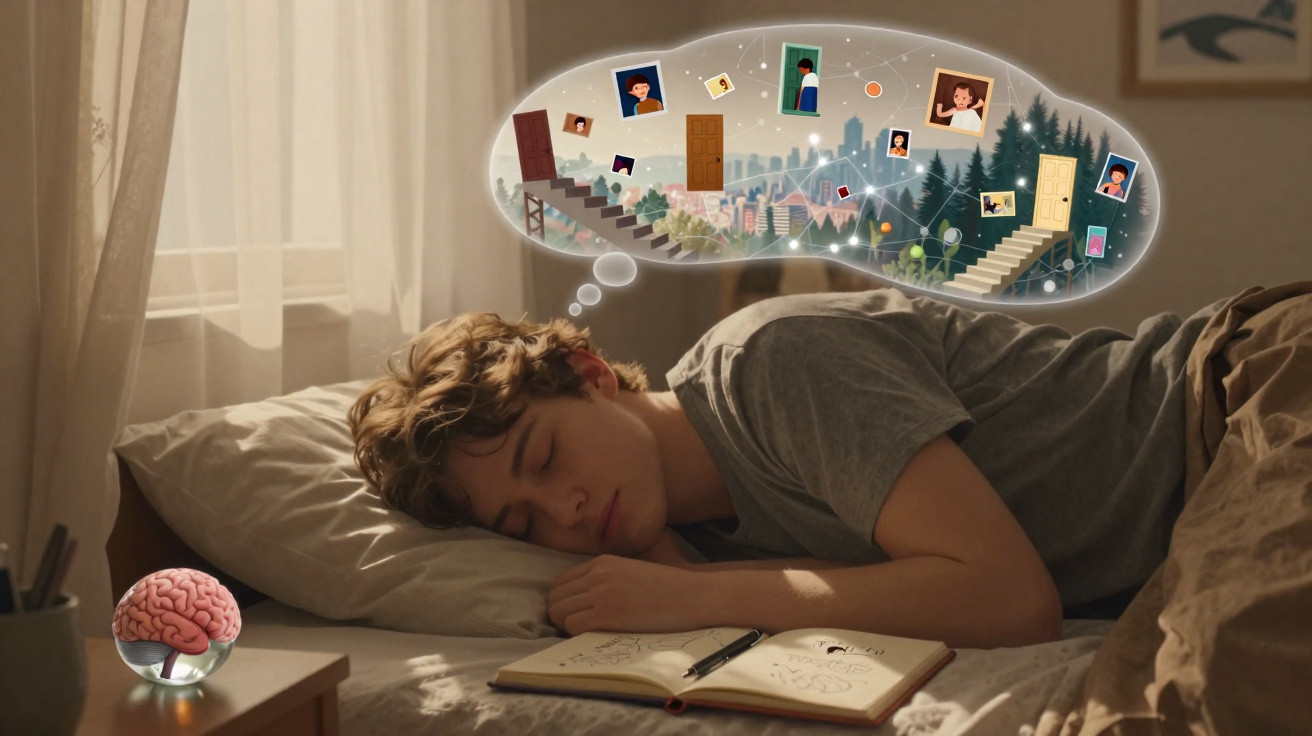 Jovem dormindo em cama com sonho imaginando portas, fotos e escadas em ambiente urbano e florestal.