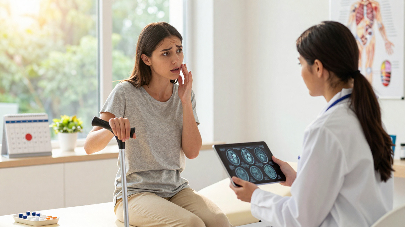 Paciente jovem com muleta e expressão de dor consultando médica que examina exames de imagem cerebral.