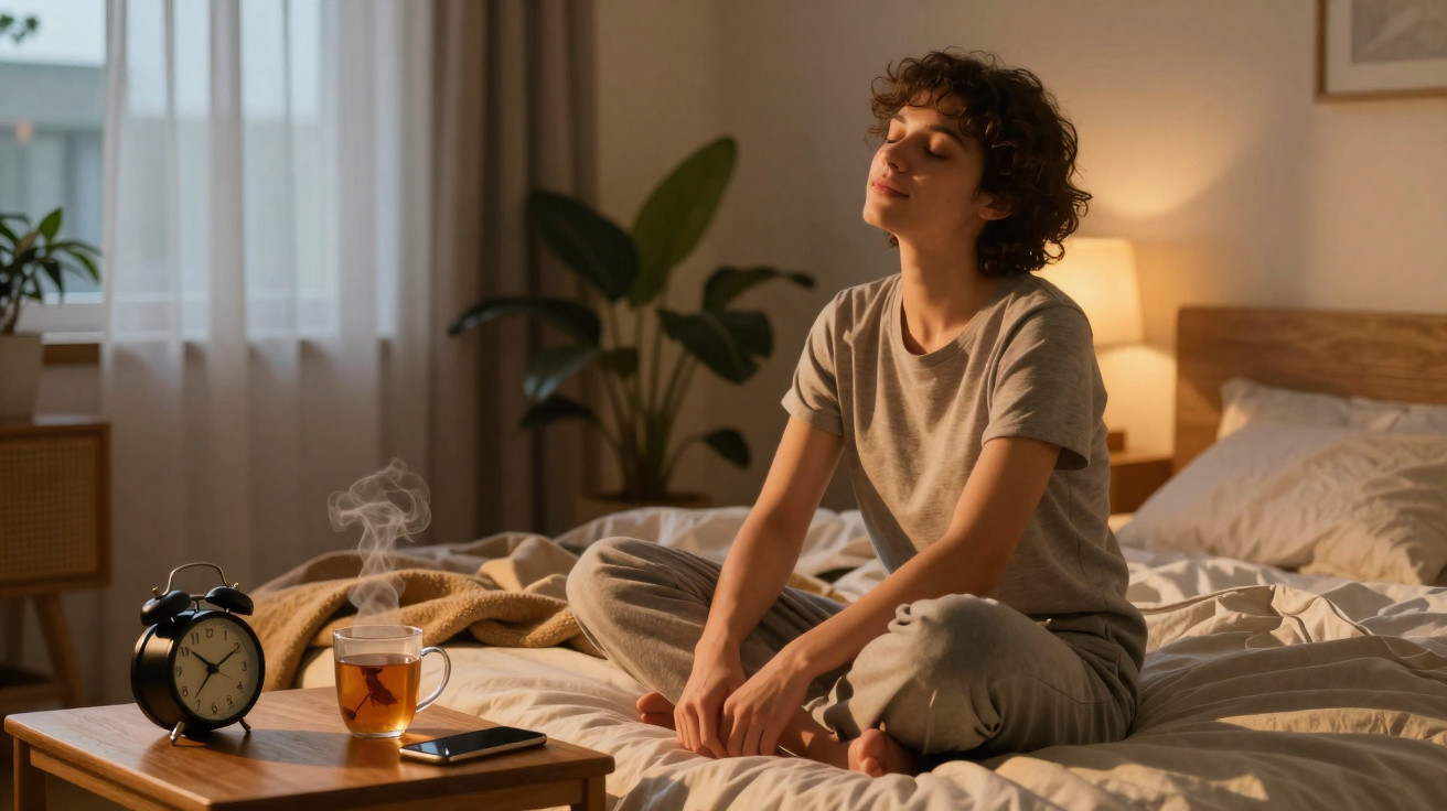 Pessoa sentada na cama com olhos fechados, ao lado de mesa com relógio, chá quente e celular.
