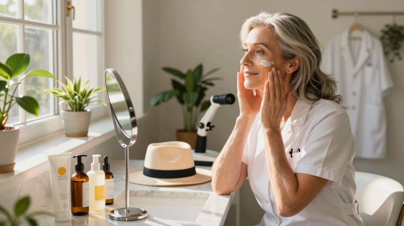 Mulher madura aplicando creme no rosto sentada à mesa com espelho e produtos de beleza.