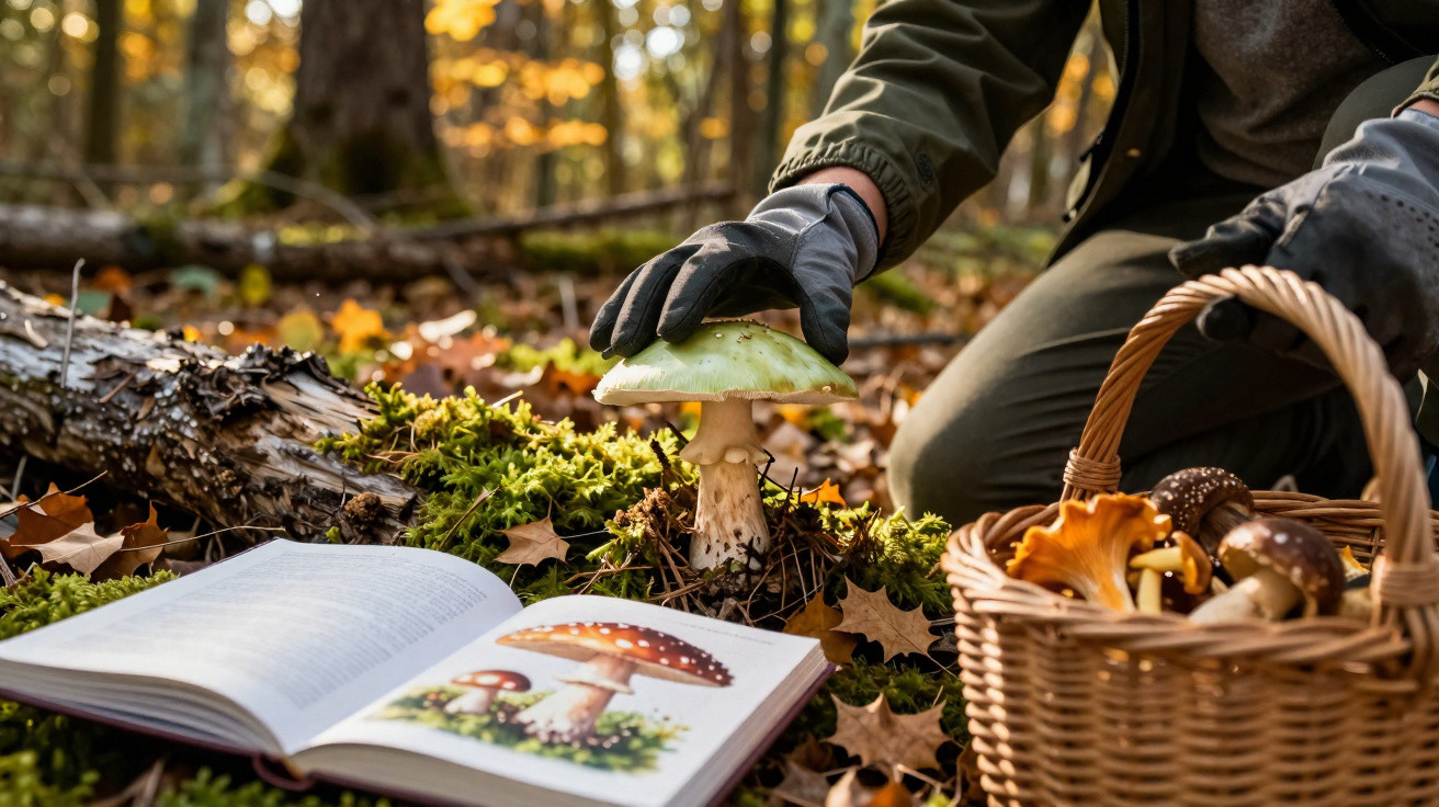Pessoa com luvas colhendo cogumelos em floresta com livro aberto e cesta cheia de cogumelos ao lado.