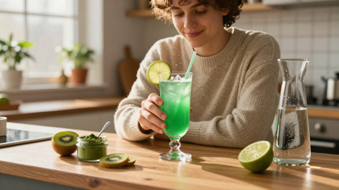 Pessoa sorrindo segurando bebida verde com limão, kiwi, jarra de água e pote de pasta verde sobre bancada de cozinha.