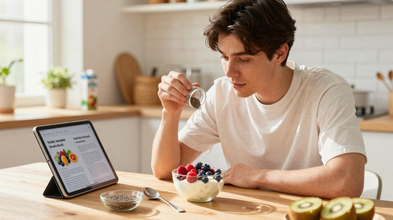 Jovem sentado à mesa adiciona sementes de chia em iogurte com frutas, tablet mostra receita na cozinha iluminada.