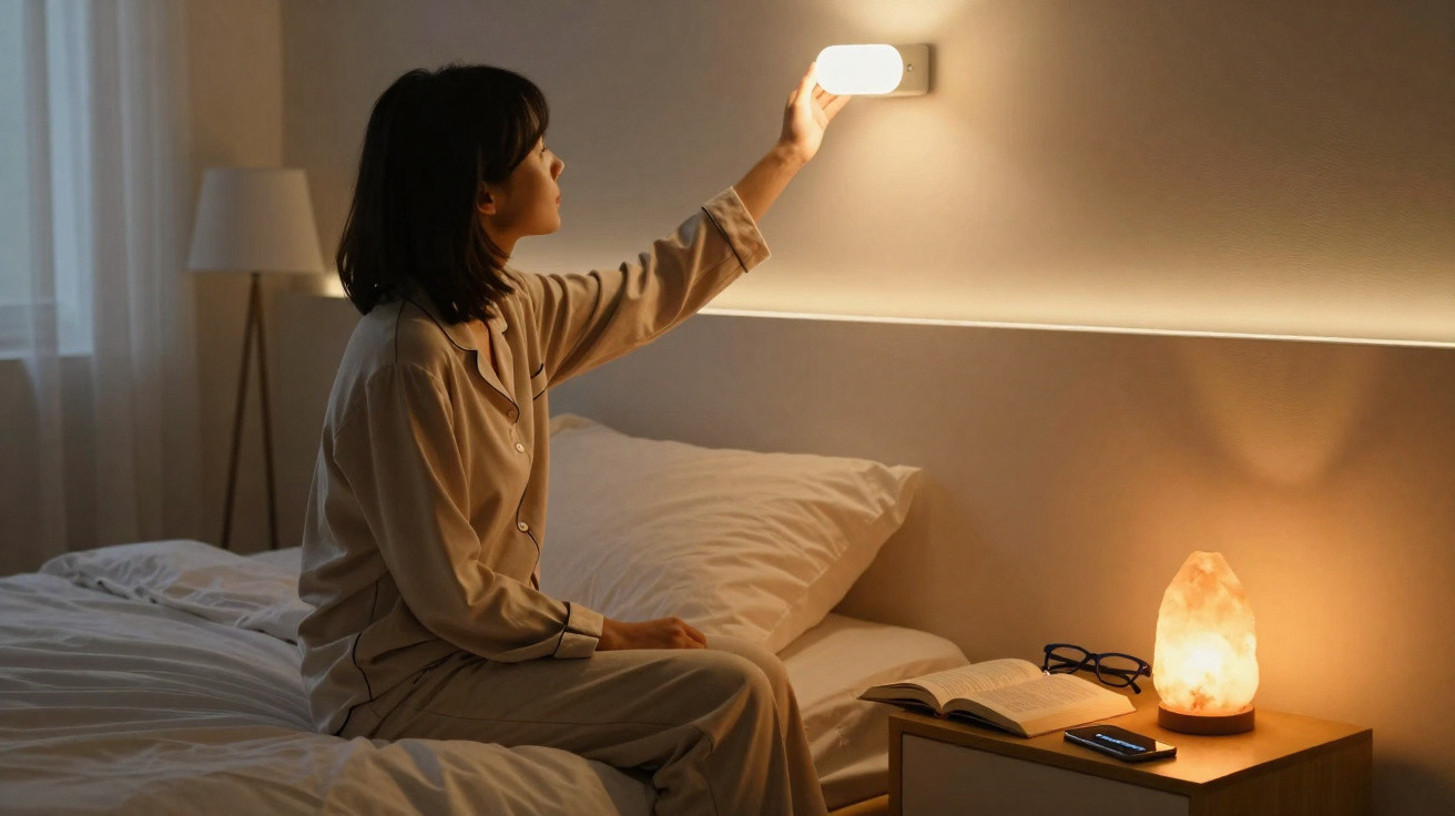 Mulher sentada na cama ajustando luz de parede em quarto aconchegante com luminária de sal e objetos na mesa.