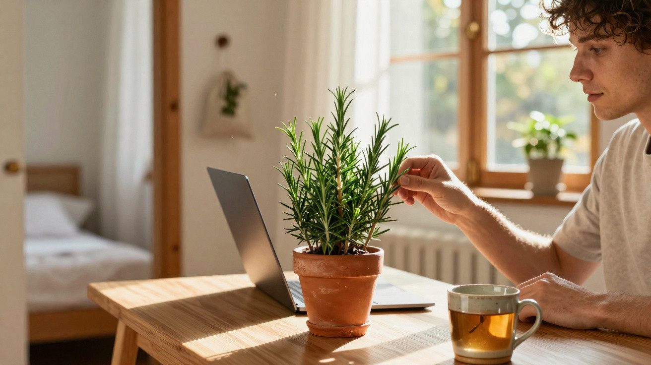 Homem cuidando de planta em vaso sobre mesa com laptop e xícara de chá, perto de janela ensolarada.