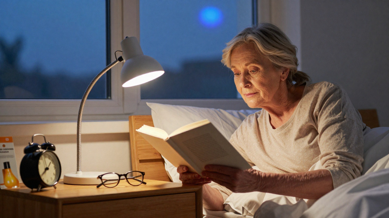 Mulher idosa lendo livro na cama à noite com luminária e relógio na mesa ao lado.
