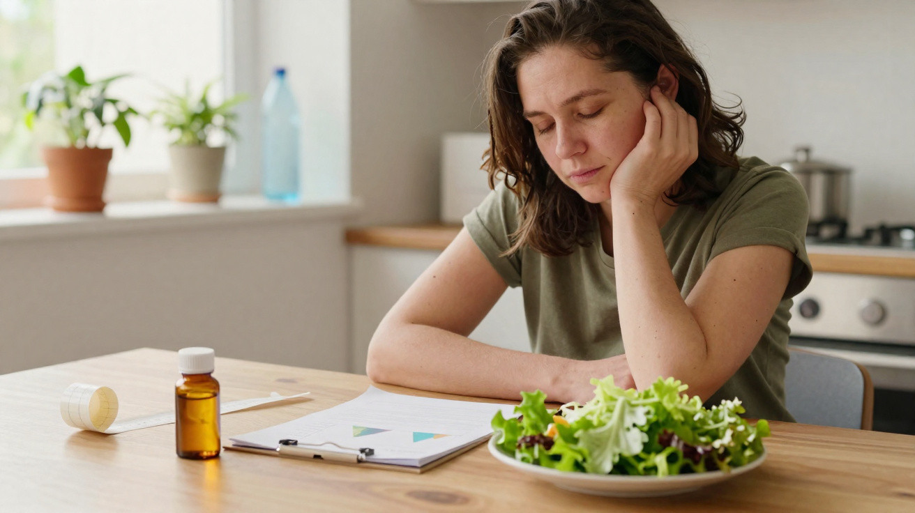 Mulher pensativa sentada à mesa com salada, remédios e gráfico, em cozinha iluminada.