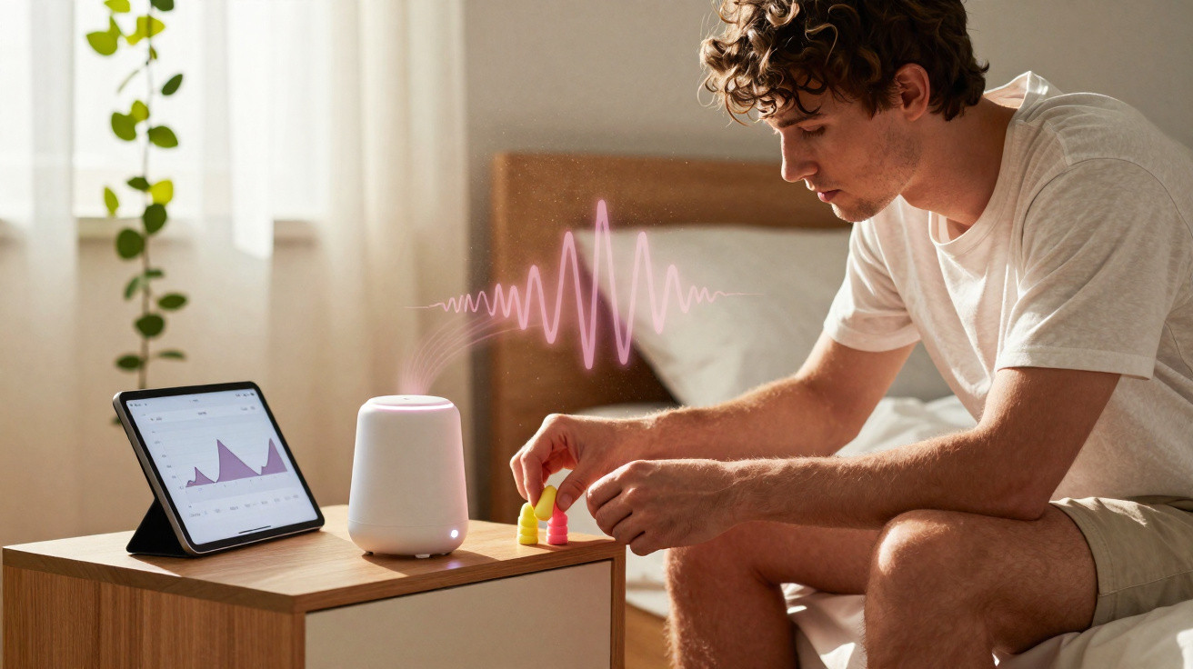Homem sentado ao lado de mesa com tablet, dispositivo sonoro e peças de jogo no quarto iluminado.