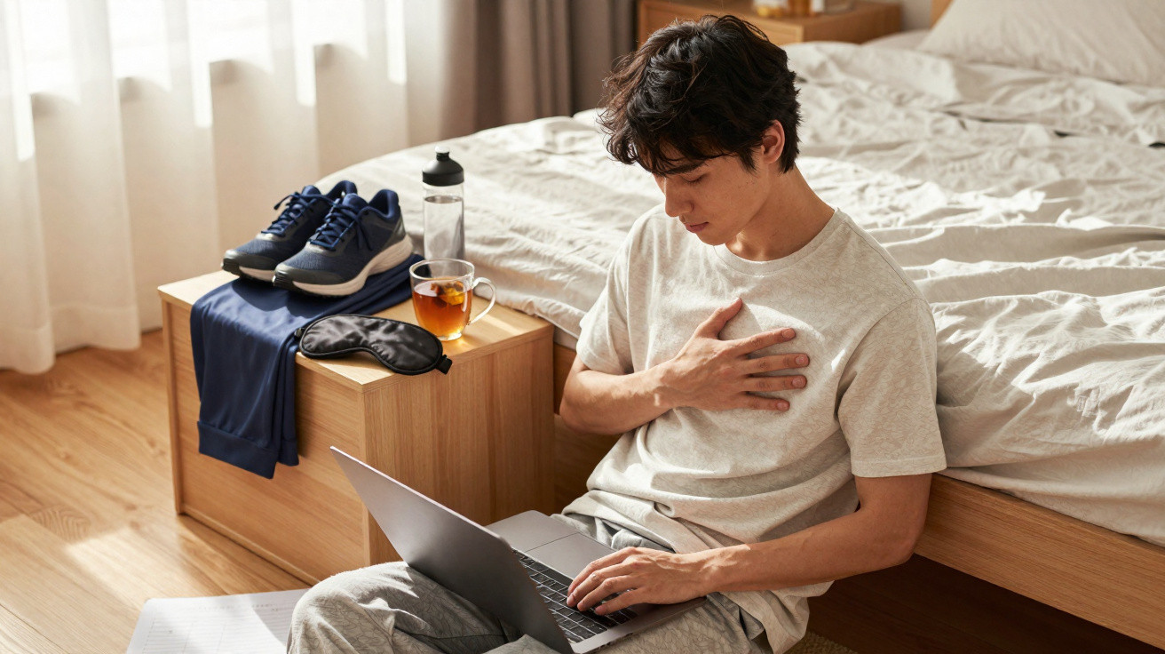 Jovem sentado no chão ao lado da cama, com laptop no colo, segurando o peito, ao lado tênis, camiseta e chá.