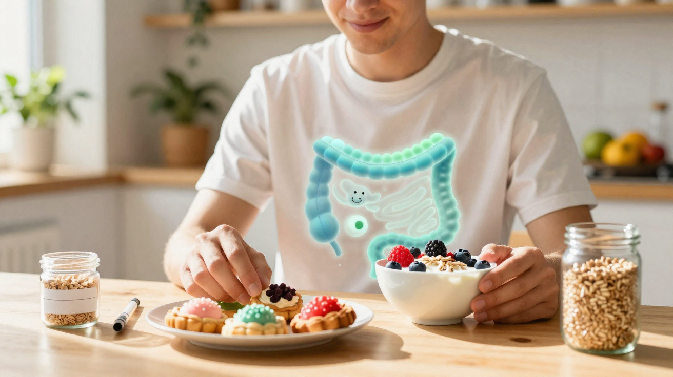 Pessoa sentada à mesa com doces coloridos e tigela de frutas, com ilustração digital do intestino.