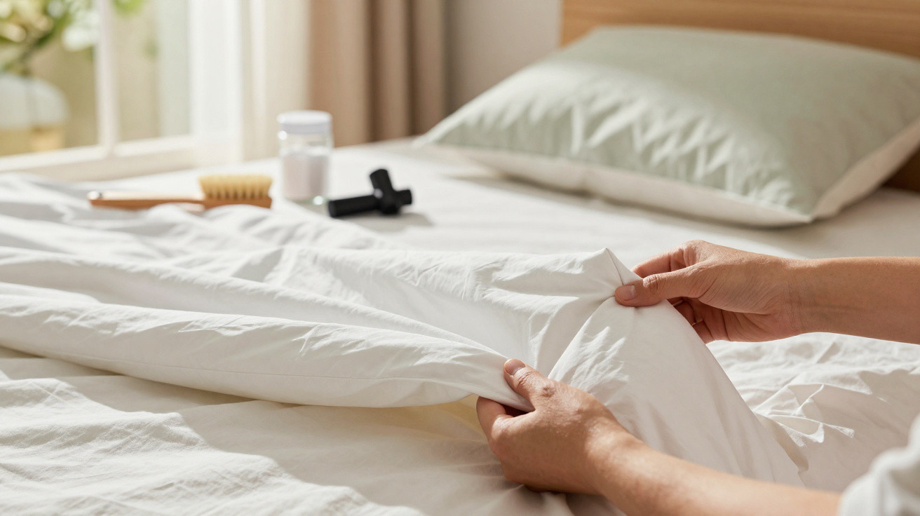 Mãos ajustando lençol branco em cama com travesseiro claro e acessórios ao fundo em quarto iluminado.