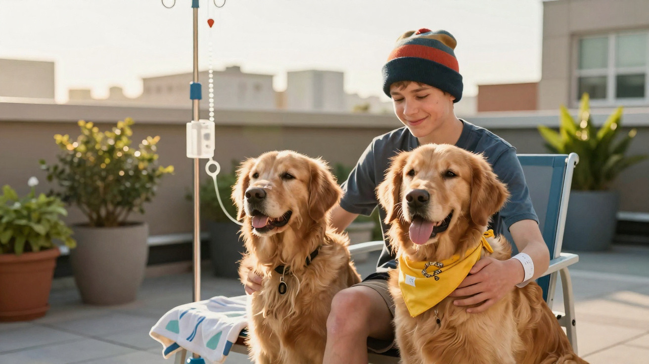 Menino sentado com dois cães golden retriever ao ar livre, sorrindo e acariciando-os.