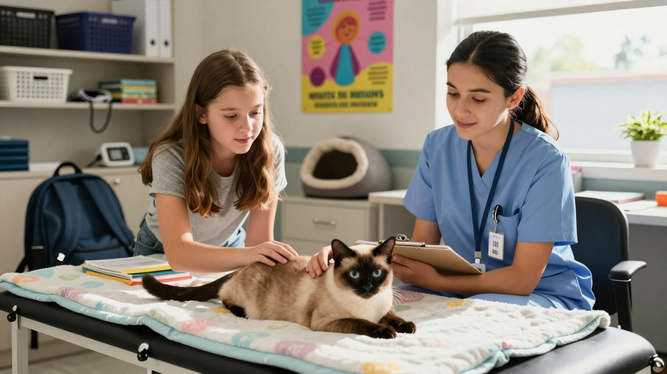 Veterinária com jaleco azul e uma menina cuidando de gato siamês sobre maca em clínica veterinária.