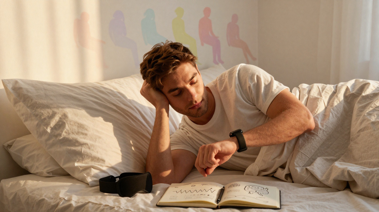 Homem deitado na cama olhando para relógio, com livro aberto e máscara de dormir ao lado.