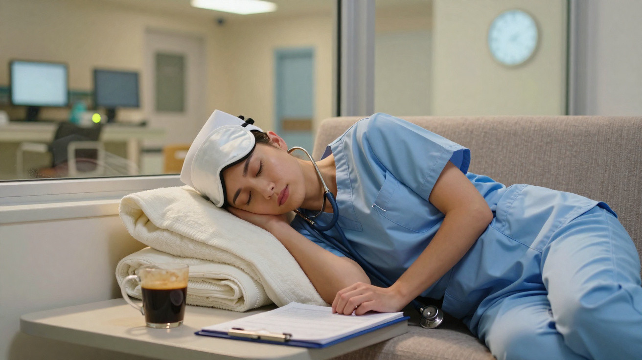 Profissional de saúde dormindo no sofá com máscara de dormir, jaleco azul e estetoscópio, ao lado de café e documentos.